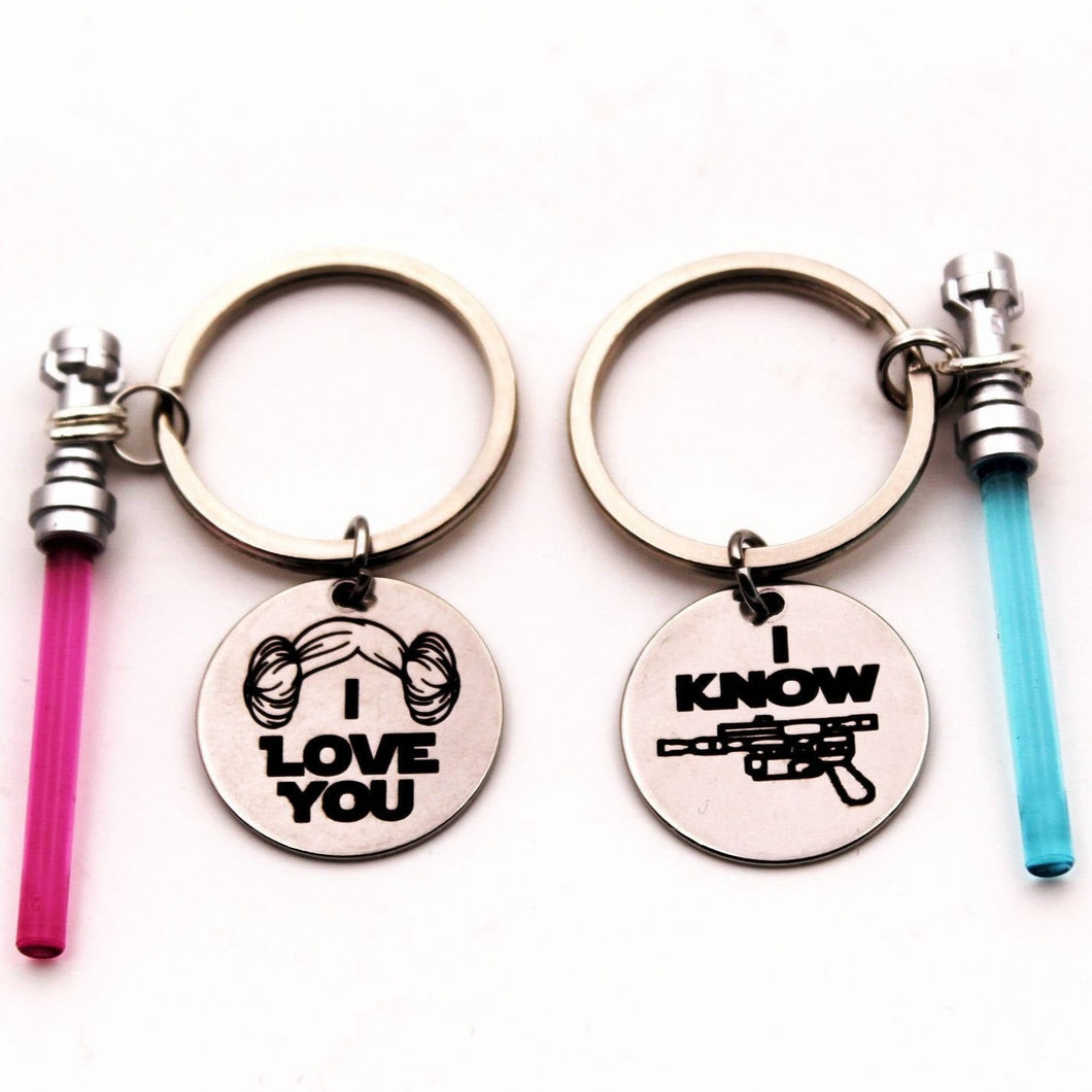 I Love You I Know Star Wars Couples Key Chain-Light Saber Keychain-Star Wars Themed Han Solo Star Wars Gift. (Front Engraving only)