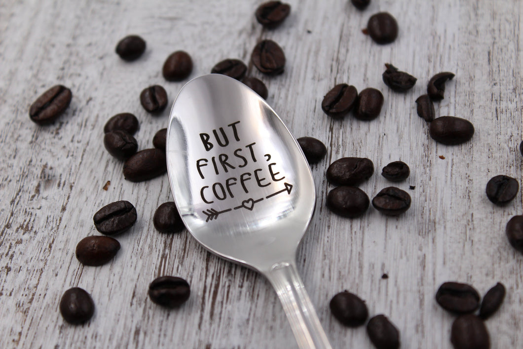 But First Coffee Spoon, Engraved Spoon, Stamped Silverware, Stamped Flatware, Stainless Steel Gifts, Coffee Gift, Mothers Day, Under 20